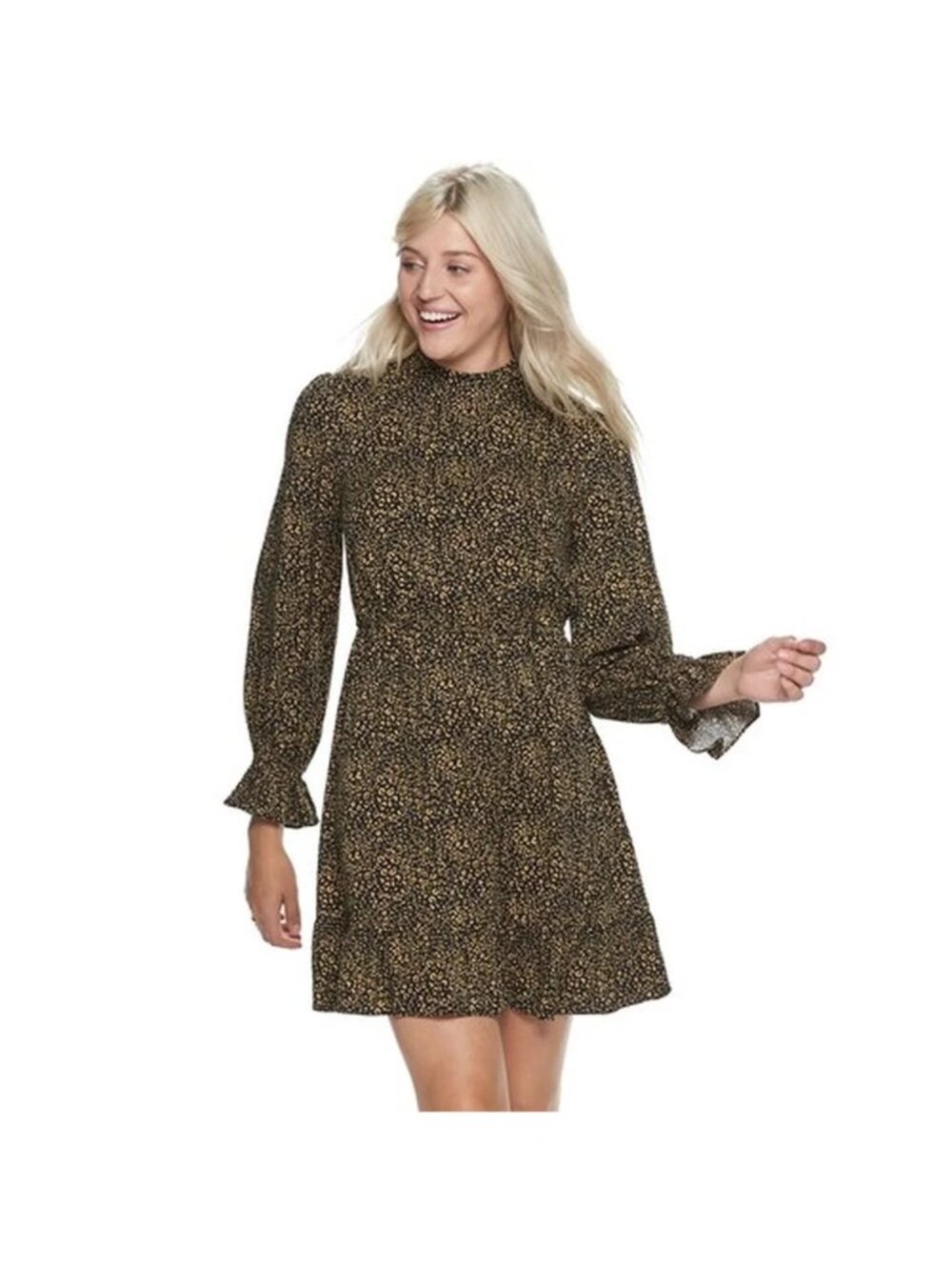 Popsugar Dress Womens Size Large Black Brown Mock Neck Ruffle Hem Mini